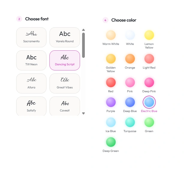 Font and neon color customization controls