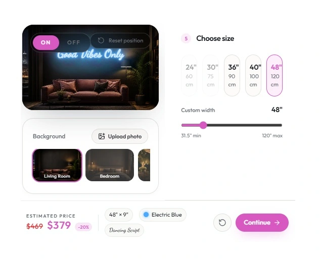 Final neon design with size selection and estimated price