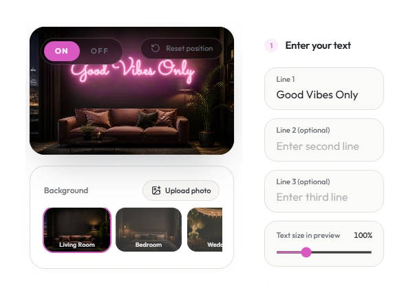 Initial neon design with text entry and background controls