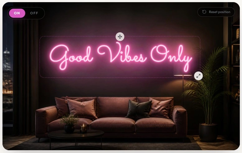 Live neon sign preview in a furnished room