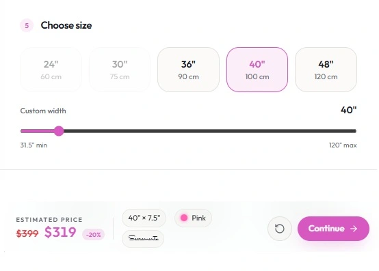 Customizer size controls with real-time estimated pricing