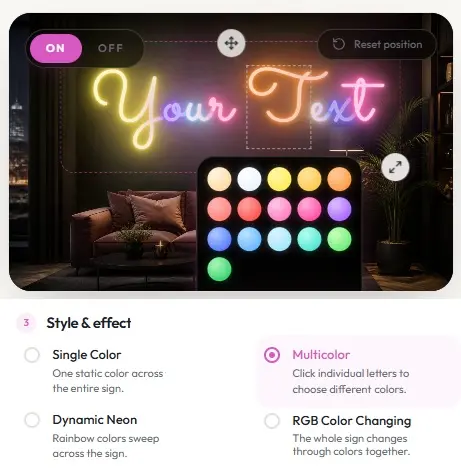 Customizer showing Single Color, Dynamic Neon, Multicolor and RGB Color Changing style modes