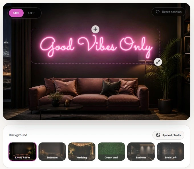 Neon preview with background choices and upload photo control
